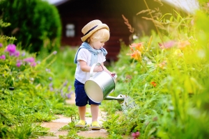 Cute toddler boy in straw hat watering plants